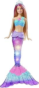 Barbie Dreamtopia Zeemeermin Pop met Twinkelende Lichtjes (30 cm, Blond) met door Water Geactiveerde Lichtfunctie en Haar met Roze Highlights, cadeau voor kinderen van 3 tot 7 jaar, HDJ36