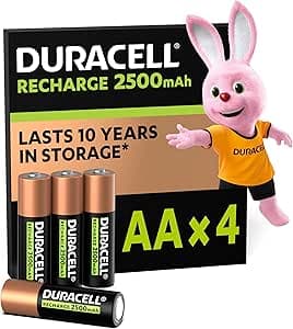 Duracell Oplaadbare AA-batterijen (4 stuks), 2500 mAh NiMH, vooraf opgeladen, onze oplaadbare batterij met de langste levensduur, met een plastic vrije en 100% recyclebare verpakking