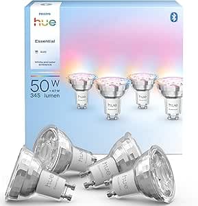 Philips Hue Essential Smart LED GU10 Spotlight Bulb, Wit en gekleurd licht, 4.7W, 2200K-6500K, 345 Lumen, Dimbaar, Compatibel met Alexa, Google Assistant, en Apple Home - 4 lampen